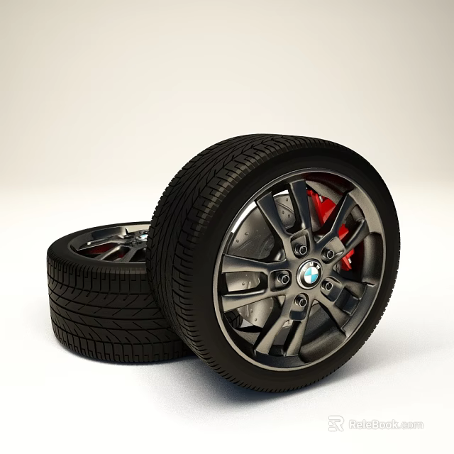 Car Tires with Alloy Wheels Featuring BMW Logo and Red Brake Calipers 3d model 