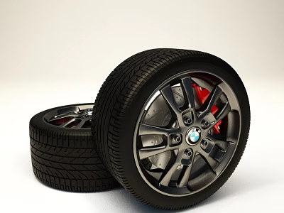 Car Tires with Alloy Wheels Featuring BMW Logo and Red Brake Calipers 3d model
