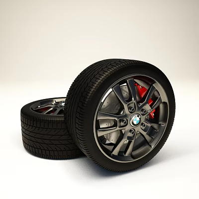 Car Tires with Alloy Wheels Featuring BMW Logo and Red Brake Calipers 3d model