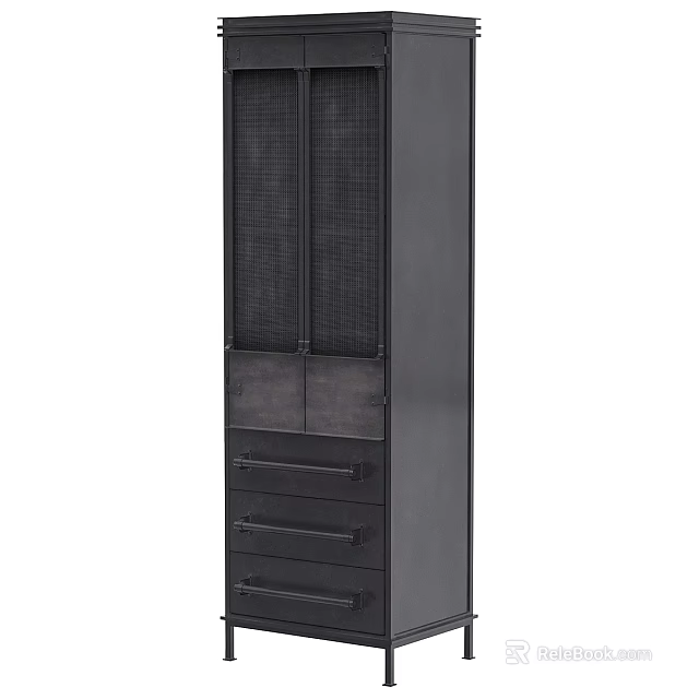 Tall Black Functional Modern Storage Cabinet With Mesh Doors And Metal Drawers 3d model 