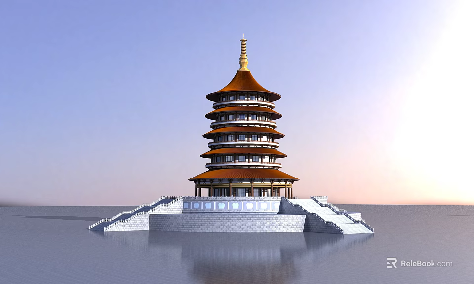 Ancient Architecture Multi Tiered Tower With Orange Roof And White Base Reflection 3d model 