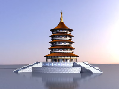 Ancient Architecture Multi Tiered Tower With Orange Roof And White Base Reflection 3d model