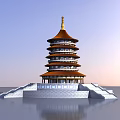 Ancient Architecture Multi Tiered Tower With Orange Roof And White Base Reflection