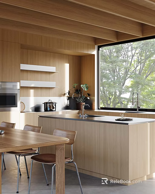 Modern Wooden Kitchen Interior With Large Window Trees View And Island Counter 3d model 