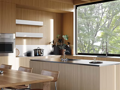 Modern Wooden Kitchen Interior With Large Window Trees View And Island Counter 3d model