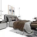 Elegant Double Bed With Striped Headboard Plush Pillows And Brown Bench 3d model