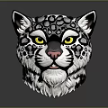 Snow Leopard Head Artistic Design With Yellow Eyes Pink Nose And Black White Spots