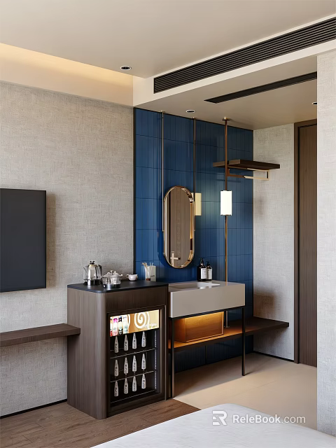 Hotel Guest Room With Blue Tiled Wall Round Mirror Vanity TV And Minibar 3d model 