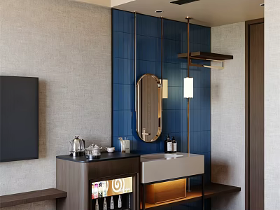 Hotel Guest Room With Blue Tiled Wall Round Mirror Vanity TV And Minibar 3d model
