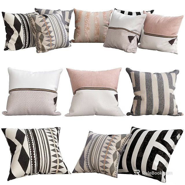 Modern Decorative Throw Pillows With Geometric Stripes And Patterned Designs 3d model 