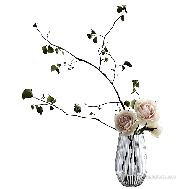 Transparent Vase With Pink Roses Green Leaves And Branches Arrangement 3d model 