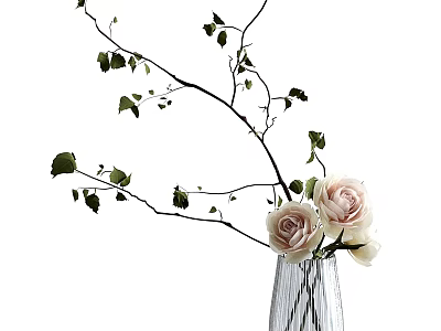 Transparent Vase With Pink Roses Green Leaves And Branches Arrangement 3d model