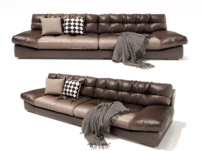 Brown Leather Sectional Sofa With Checkered Pillows And Gray Throw Blanket 3d model