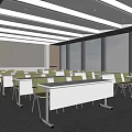 Modern Public Office Space With Long Tables Green Chairs And Large Windows