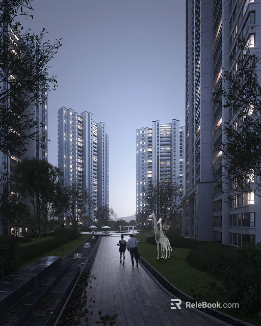 Tall Modern Residential Buildings With Lush Greenery Pathway And Evening Lights People Walking 3d model 