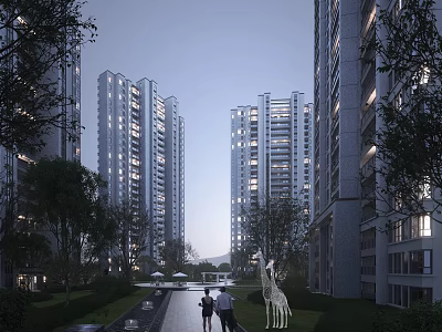 Tall Modern Residential Buildings With Lush Greenery Pathway And Evening Lights People Walking 3d model
