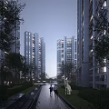 Tall Modern Residential Buildings With Lush Greenery Pathway And Evening Lights People Walking