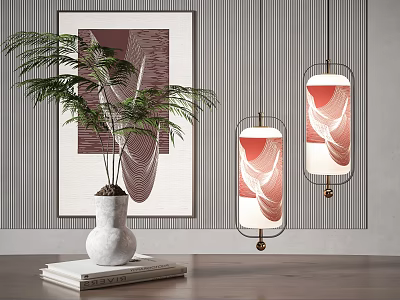Red And White Patterned Pendant Lights In Modern Interior With Striped Wall Green Plant Artwork 3d model
