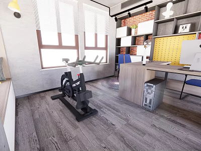 Sports Equipment In Indoor Home Office Setup With Exercise Bike Desk Computer Bookshelf And Windows 3d model