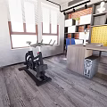 Sports Equipment In Indoor Home Office Setup With Exercise Bike Desk Computer Bookshelf And Windows
