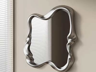 Silver Irregular Wavy Frame Mirror Mounted On Beige Wall Reflecting Window Blinds 3d model