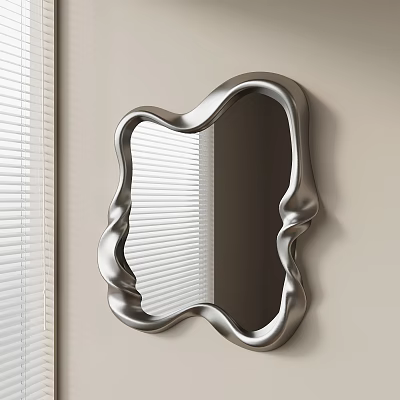 Silver Irregular Wavy Frame Mirror Mounted On Beige Wall Reflecting Window Blinds 3d model