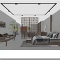 Chinese Style Living Room Interior With Sofa Tea Table Lattice Screen And Pendant Chandelier