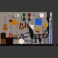 Music Themed Room Interior With Wall Mounted Guitars Drum Set Sofa And Workspace
