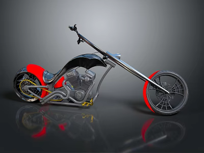 Custom Chopper Motorcycle With Red And Black Body Long Handlebars Metallic Surface And Red Rims 3d model