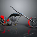 Custom Chopper Motorcycle With Red And Black Body Long Handlebars Metallic Surface And Red Rims