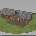 Rustic Wooden House With Sloped Tile Roof Stone Chimney And Front Porch On Green Lawn