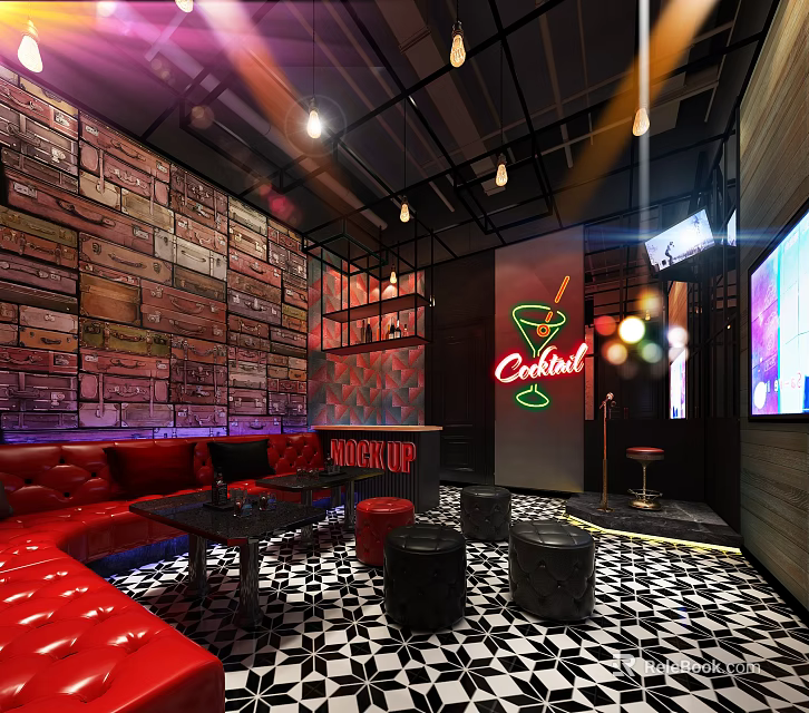 Stylish KTV Interior Featuring Red Sofas Neon Cocktail Sign And Geometric Floor 3d model 