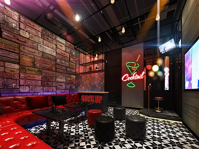 Stylish KTV Interior Featuring Red Sofas Neon Cocktail Sign And Geometric Floor 3d model