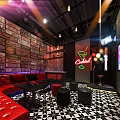 Stylish KTV Interior Featuring Red Sofas Neon Cocktail Sign And Geometric Floor