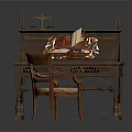 Antique Wooden Desk And Chair With Carved Details Books Balance Scales Scrolls And Upholstered Seat