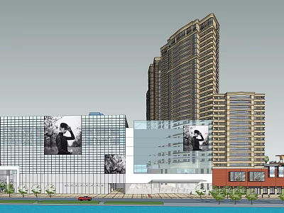 Modern Commercial Complex With Glass Curtain Walls Advertising Screens And High Rise Buildings 3d model