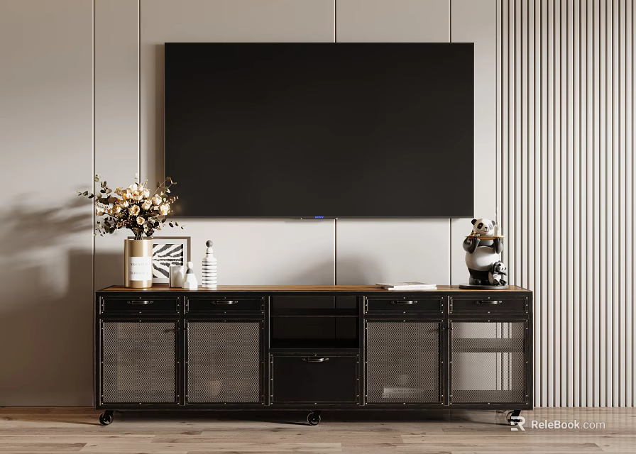 Modern Wooden TV Stand with Mesh Doors Drawers and Decorative Vase Photo Frame 3d model 