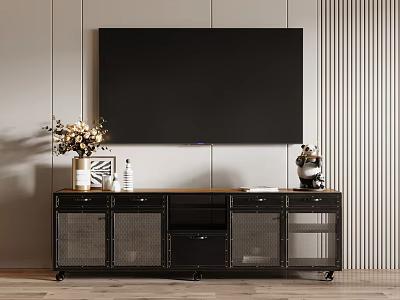 Modern Wooden TV Stand with Mesh Doors Drawers and Decorative Vase Photo Frame 3d model