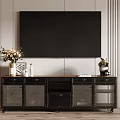 Modern Wooden TV Stand with Mesh Doors Drawers and Decorative Vase Photo Frame