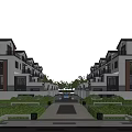 Modern Townhouse Exterior With Symmetrical Architecture Garden Courtyard Landscaped Greenery And Outdoor Lighting