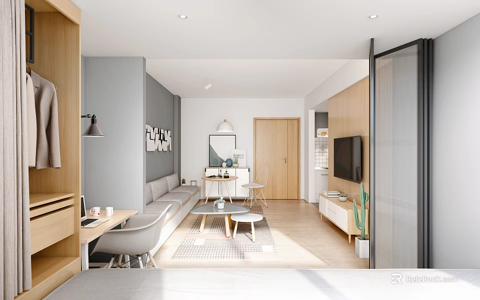 Modern Apartment Living Room With Grey Sofa Wooden Coffee Table TV And Green Plants 3d model 