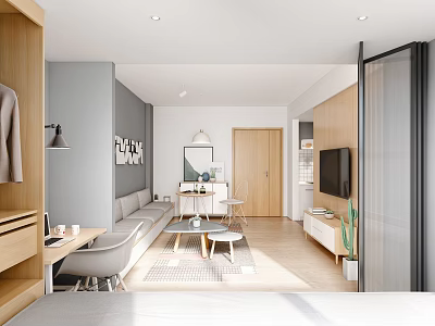Modern Apartment Living Room With Grey Sofa Wooden Coffee Table TV And Green Plants 3d model