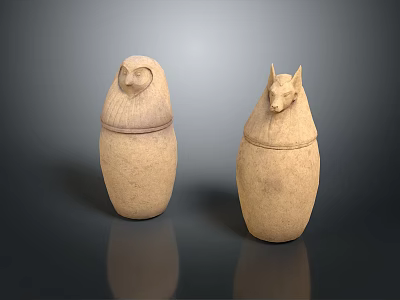 Ancient Egyptian Sculpture Carving Canopic Jars with Human Jackal Head Lids in Light Brown Stone 3d model