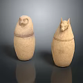 Ancient Egyptian Sculpture Carving Canopic Jars with Human Jackal Head Lids in Light Brown Stone
