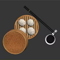 Steamed Buns In Bamboo Steamer With Chopsticks And Soy Sauce Dish
