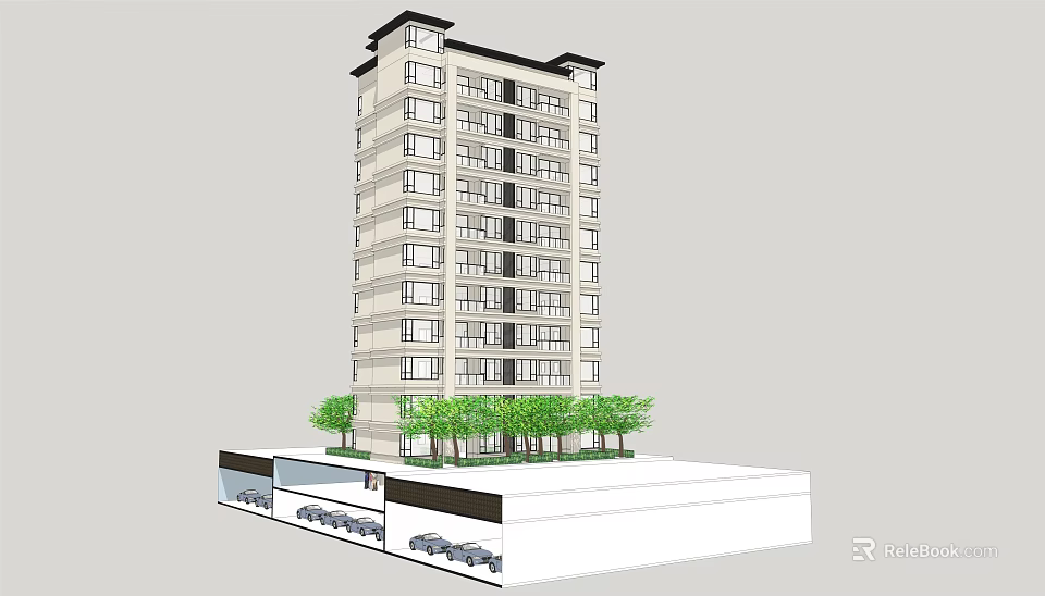 Modern High Rise Residential Building Featuring Commercial Shops At Base With Green Trees 3d model 