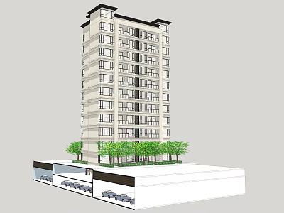 Modern High Rise Residential Building Featuring Commercial Shops At Base With Green Trees 3d model