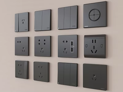 Black Electrical Switch Panels With Various Sockets USB Ports And Modern Styles 3d model