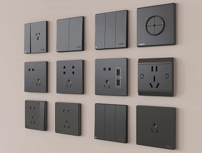 Black Electrical Switch Panels With Various Sockets USB Ports And Modern Styles 3d model