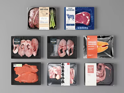 Assorted Packaged Frozen Meat Products Including Salmon Steak Pork Chops And Octopus 3d model